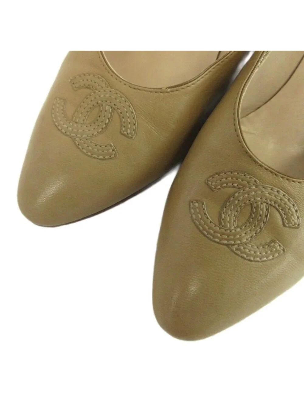 Chanel Pumps Leather Pointed Toe Middle Heels CC Logo Beige